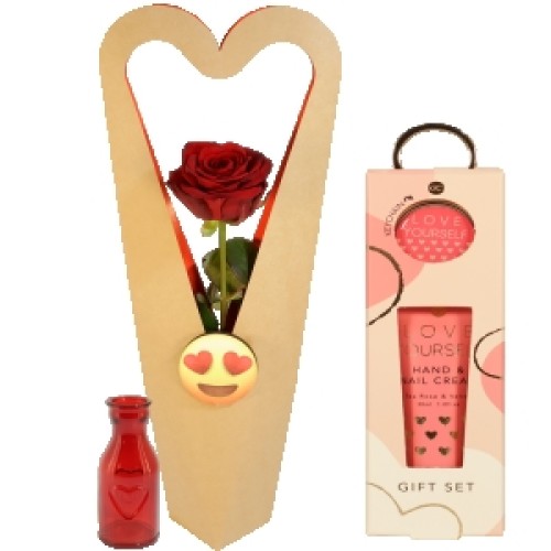 Rose in elegant box + Hand cream (Red rose with red vase in elegant heart box + Hand & Nail cream with key ring)